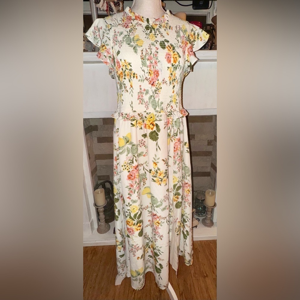 Women’s Floral Maxi Dress in Cream with Yellow & Pink Blooms